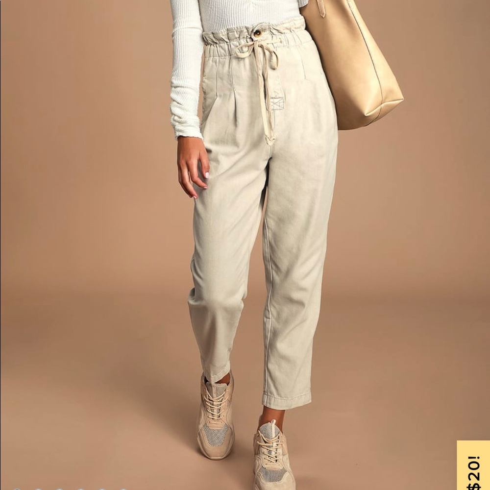 Free People Beige Paperbag Waist Pleated Pants